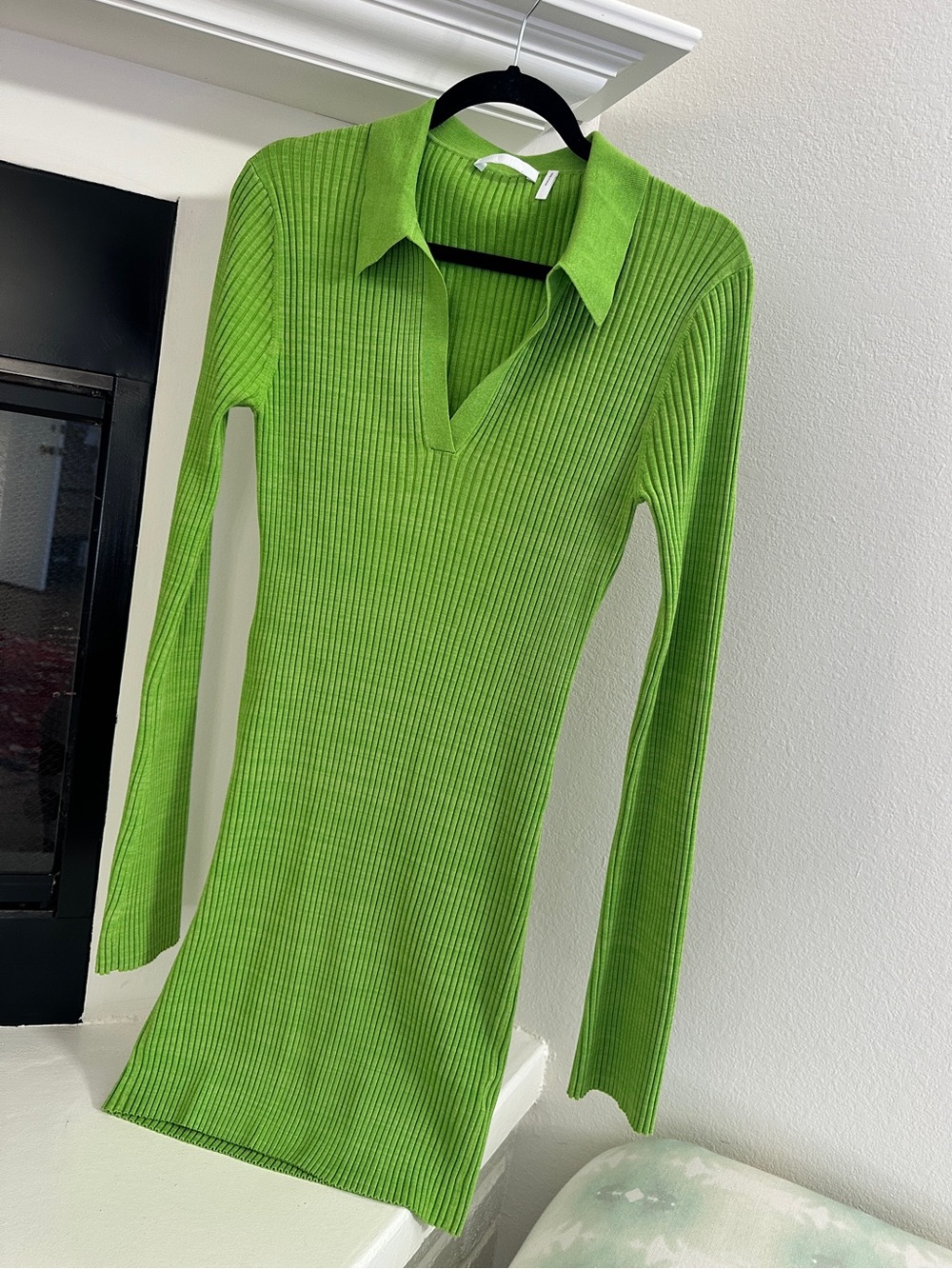 HELMUT LANG 🍀 Green Rib Knit Marl Polo Collared Mini Dress Bodycon Sz L